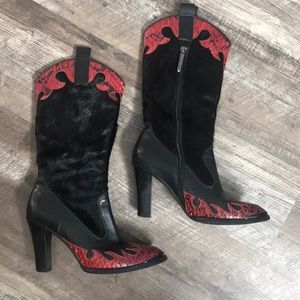 Donald Pliner, 3.5” heel, Black/Red Cowboy Boots
